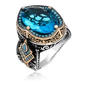 Aqua Mavi Taşlı 925 Gümüş Erkek Yüzük thumbnail 3