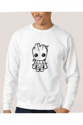 Groot Pattern Logo Çizim Baskılı Beyaz Erkek Sweatshirt - 1