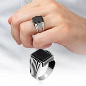 Kare Siyah Oniks Taşlı 925 Gümüş Erkek Yüzük thumbnail 9