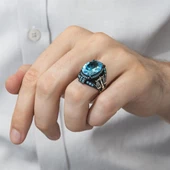 Adalet Terazisi Aqua Mavi Taşlı 925 Gümüş Erkek Yüzük thumbnail 5