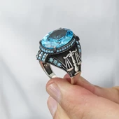 Adalet Terazisi Aqua Mavi Taşlı 925 Gümüş Erkek Yüzük thumbnail 6