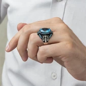 Adalet Terazisi Aqua Mavi Taşlı 925 Gümüş Erkek Yüzük thumbnail 4