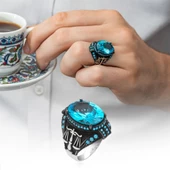 Adalet Terazisi Aqua Mavi Taşlı 925 Gümüş Erkek Yüzük thumbnail 9