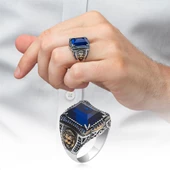 Aslan Başı Motifli Parlament Mavi Taşlı 925 Gümüş Erkek Yüzük - 1