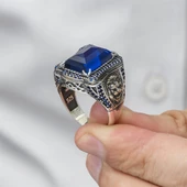 Aslan Başı Motifli Parlament Mavi Taşlı 925 Gümüş Erkek Yüzük - 5