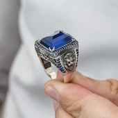Aslan Başı Motifli Parlament Mavi Taşlı 925 Gümüş Erkek Yüzük - 6