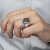 Siyah Oniks Taşlı 925 Gümüş Erkek Yüzük - 3