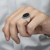 Siyah Oniks Taşlı 925 Gümüş Erkek Yüzük - 6