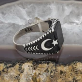 Ayyıldız Motifli Kare Siyah Oniks Taşlı 925 Gümüş Erkek Yüzük - 8