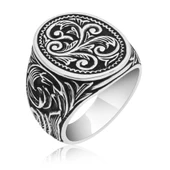 Oyma Desenli Oval Taşsız 925 Gümüş Erkek Yüzük thumbnail 2