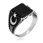 Ayyıldız Motifli Kare Siyah Oniks Taşlı 925 Gümüş Erkek Yüzük - 2