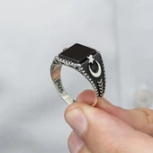 Ayyıldız Motifli Kare Siyah Oniks Taşlı 925 Gümüş Erkek Yüzük - 12