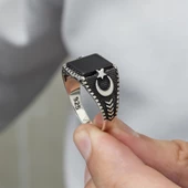 Ayyıldız Motifli Kare Siyah Oniks Taşlı 925 Gümüş Erkek Yüzük - 5