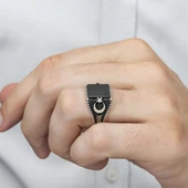 Ayyıldız Motifli Kare Siyah Oniks Taşlı 925 Gümüş Erkek Yüzük - 6