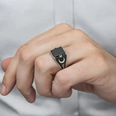 Ayyıldız Motifli Kare Siyah Oniks Taşlı 925 Gümüş Erkek Yüzük - 3