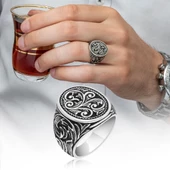 Oyma Desenli Oval Taşsız 925 Gümüş Erkek Yüzük thumbnail 1