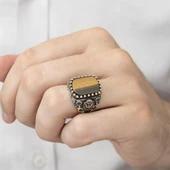 Osmanlı Devleti Armalı Kaplan Gözü Taşlı 925 Gümüş Erkek Yüzük - 8