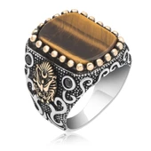 Osmanlı Devleti Armalı Kaplan Gözü Taşlı 925 Gümüş Erkek Yüzük - 12