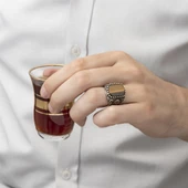 Osmanlı Devleti Armalı Kaplan Gözü Taşlı 925 Gümüş Erkek Yüzük - 3