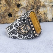 Osmanlı Devleti Armalı Kaplan Gözü Taşlı 925 Gümüş Erkek Yüzük - 10