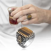 Osmanlı Devleti Armalı Kaplan Gözü Taşlı 925 Gümüş Erkek Yüzük - 1