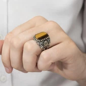 Osmanlı Devleti Armalı Kaplan Gözü Taşlı 925 Gümüş Erkek Yüzük - 7