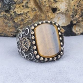 Osmanlı Devleti Armalı Kaplan Gözü Taşlı 925 Gümüş Erkek Yüzük - 9