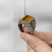 Osmanlı Devleti Armalı Kaplan Gözü Taşlı 925 Gümüş Erkek Yüzük - 5