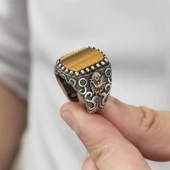 Osmanlı Devleti Armalı Kaplan Gözü Taşlı 925 Gümüş Erkek Yüzük - 6