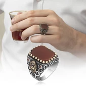 Osmanlı Devleti Armalı Akik Taşlı 925 Gümüş Erkek Yüzük thumbnail 5