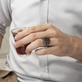 Osmanlı Devleti Armalı Akik Taşlı 925 Gümüş Erkek Yüzük thumbnail 2