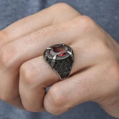 Kırmızı Taşlı Pençeli 925 Gümüş Erkek Yüzük - 9