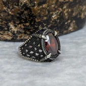 Kırmızı Taşlı Pençeli 925 Gümüş Erkek Yüzük - 6