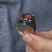 Kırmızı Taşlı Pençeli 925 Gümüş Erkek Yüzük - 3