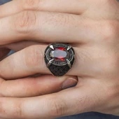 Kırmızı Taşlı Pençeli 925 Gümüş Erkek Yüzük - 2