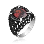 Kırmızı Taşlı Pençeli 925 Gümüş Erkek Yüzük - 8