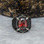 Kırmızı Taşlı Pençeli 925 Gümüş Erkek Yüzük - 5