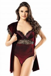 Günkar Bordo Kadife Bodysuit Sabahlık Gecelik Takımı - 1