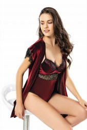 Günkar Bordo Kadife Bodysuit Sabahlık Gecelik Takımı - 5
