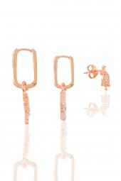 Gümüş rose zirkon taşlı  Kombin Üçlü Küpe Seti thumbnail 2