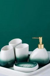Porselen Banyo Seti Stantlı Wc Sıvı Sabunluk Lavabo Takımı 6lı - 4