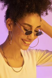 POLO55 Siyah Camlı Gold Metal Çerçeveli Küçük Oval Güneş Gözlüğü thumbnail 1