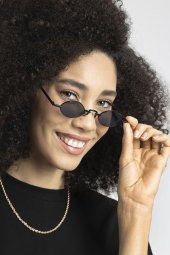 POLO55 Siyah Metal Çerçeveli Küçük Oval Retro Güneş Gözlüğü thumbnail 2