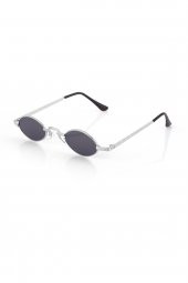 POLO55 Siyah Gümüş Metal Çerçeveli Küçük Oval Retro Güneş Gözlüğü thumbnail 3