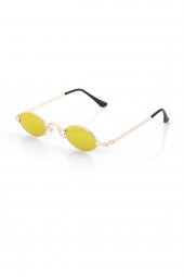 POLO55 Sarı Metal Çerçeveli Küçük Oval Retro Güneş Gözlüğü - 3