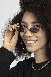 POLO55 Siyah Camlı Gold Metal Çerçeveli Küçük Dikdörtgen Retro Kadın Güneş Gözlüğü thumbnail 1