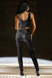 Ergü Kadın Siyah Jakarlı Arkası Dekolte Fiyonk Detaylı Pantolon Kalın Askılı Crop Takım Elbise Ergü1513-1 - 2