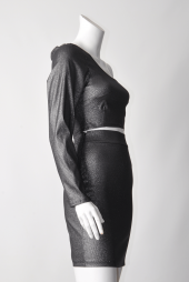 Ergü Kadın Füme Jakarlı Yüksek Bel Etek Tek Kollu Asimetrik Body Takım Ergü1511-3 - 2