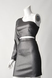 Ergü Kadın Füme Jakarlı Yüksek Bel Etek Tek Kollu Asimetrik Body Takım Ergü1511-3 - 4