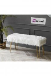 Morfoni Puf & Benç 33 Cm-GOLD Metal Ayak Dökülmez Peluş BEYAZ - 1